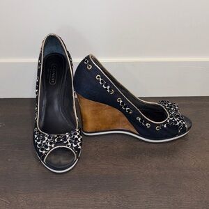 Coach Black and Tan Patterned Wedges